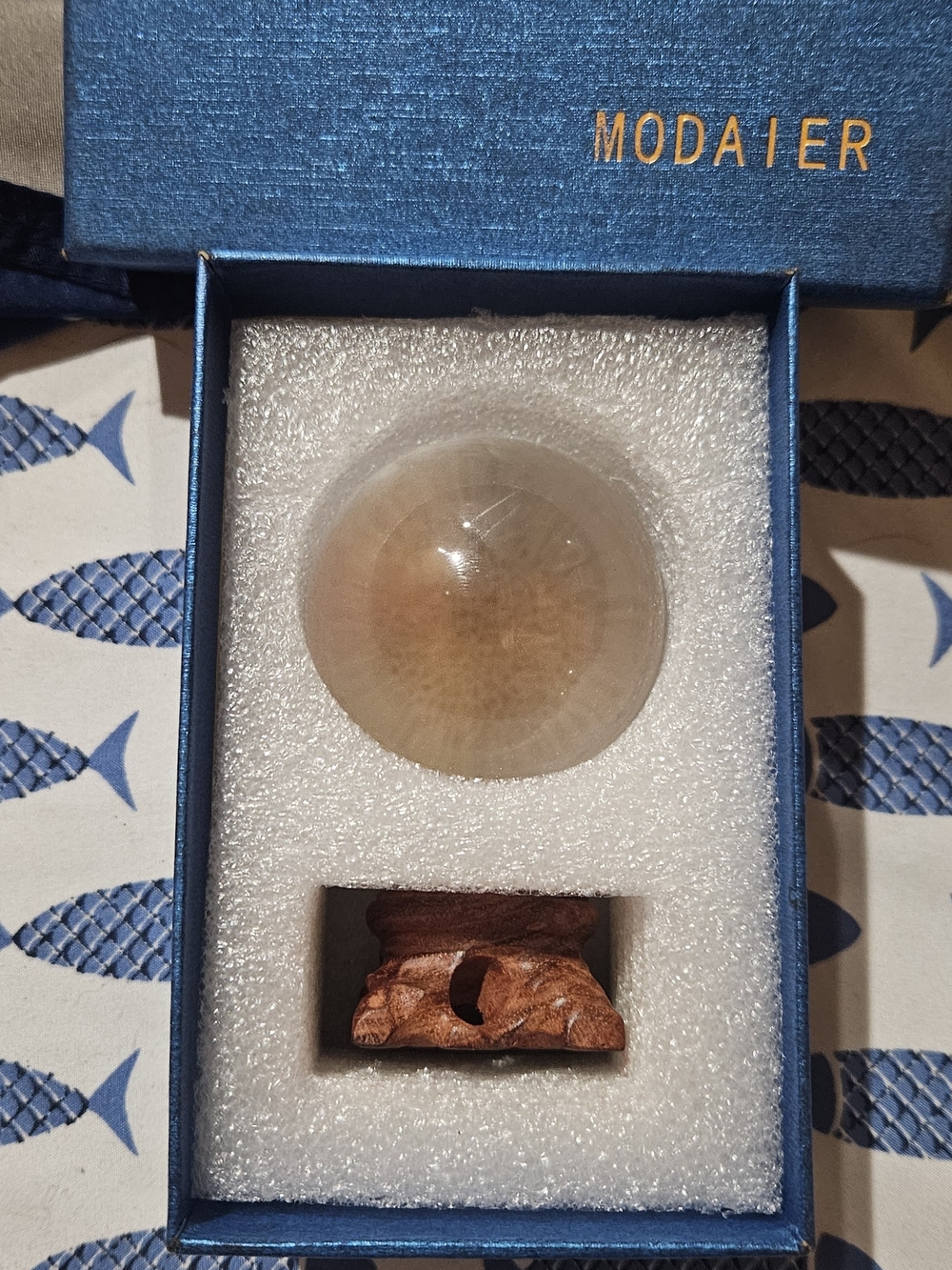 Crystal Sphere Display with Wooden Stand - Amber Tone